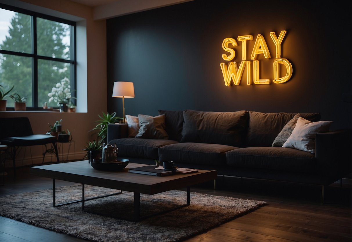 A neon sign with the words "Stay Wild" hangs on a dark wall in a stylish living room, adding an edgy and modern touch to the decor