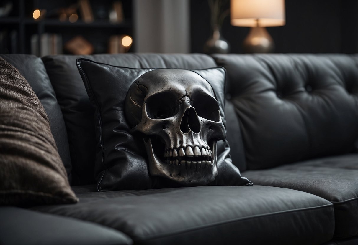 A black leather skull pillow sits on a modern gray sofa in a dimly lit living room, surrounded by other edgy home decor items