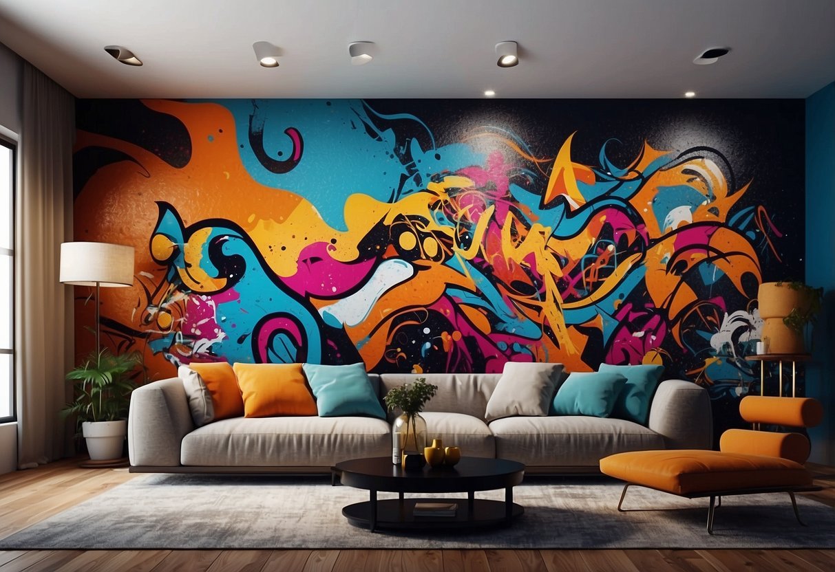 A vibrant graffiti accent wall adds edgy flair to a modern living room. Bold colors and abstract designs create a dynamic focal point for the space