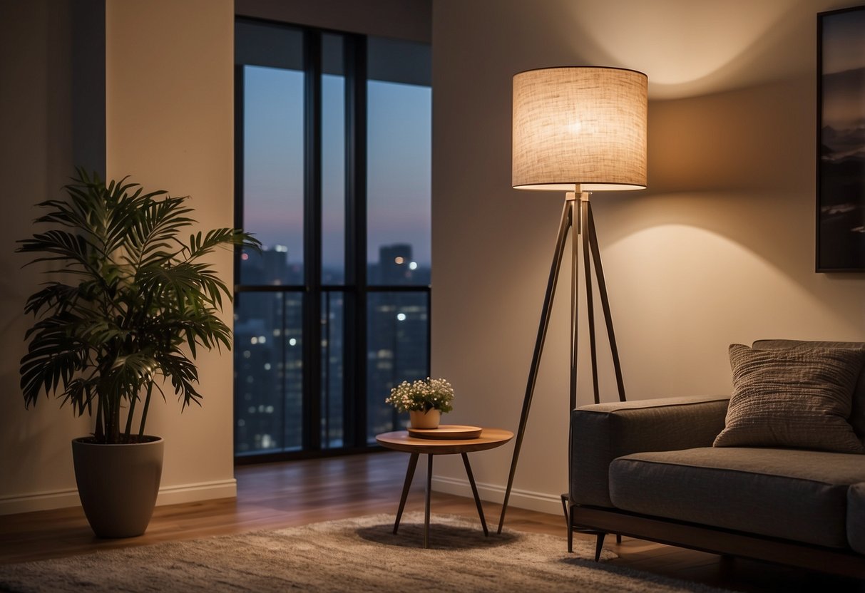 A large, modern floor lamp stands in a sleek living room, casting a warm glow over the space