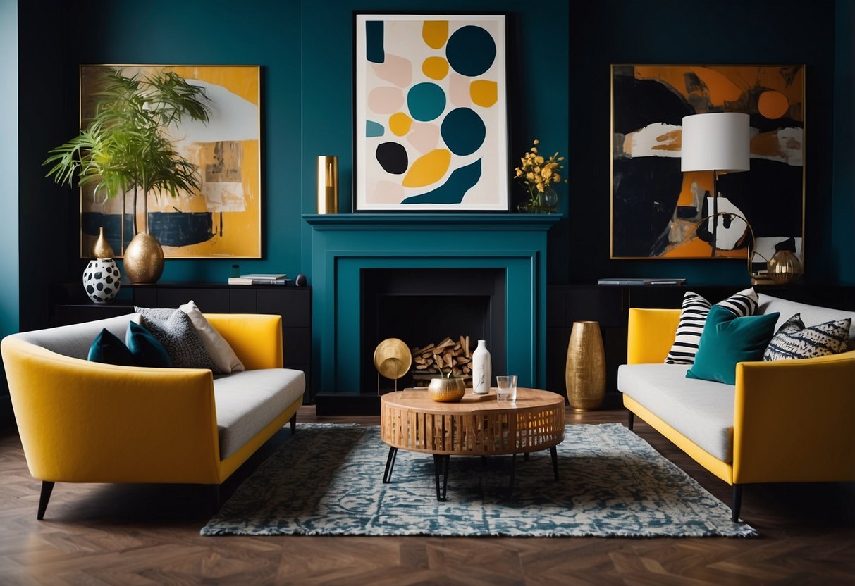 Vibrant colors and mixed textures in a modern living room with bold patterns and sleek furniture