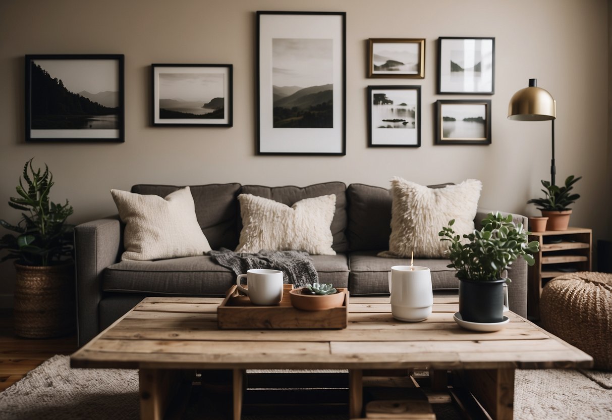 A cozy living room with a neutral color scheme, a comfy sofa, and mismatched throw pillows. A gallery wall of thrifted art and a DIY coffee table made from crates complete the look