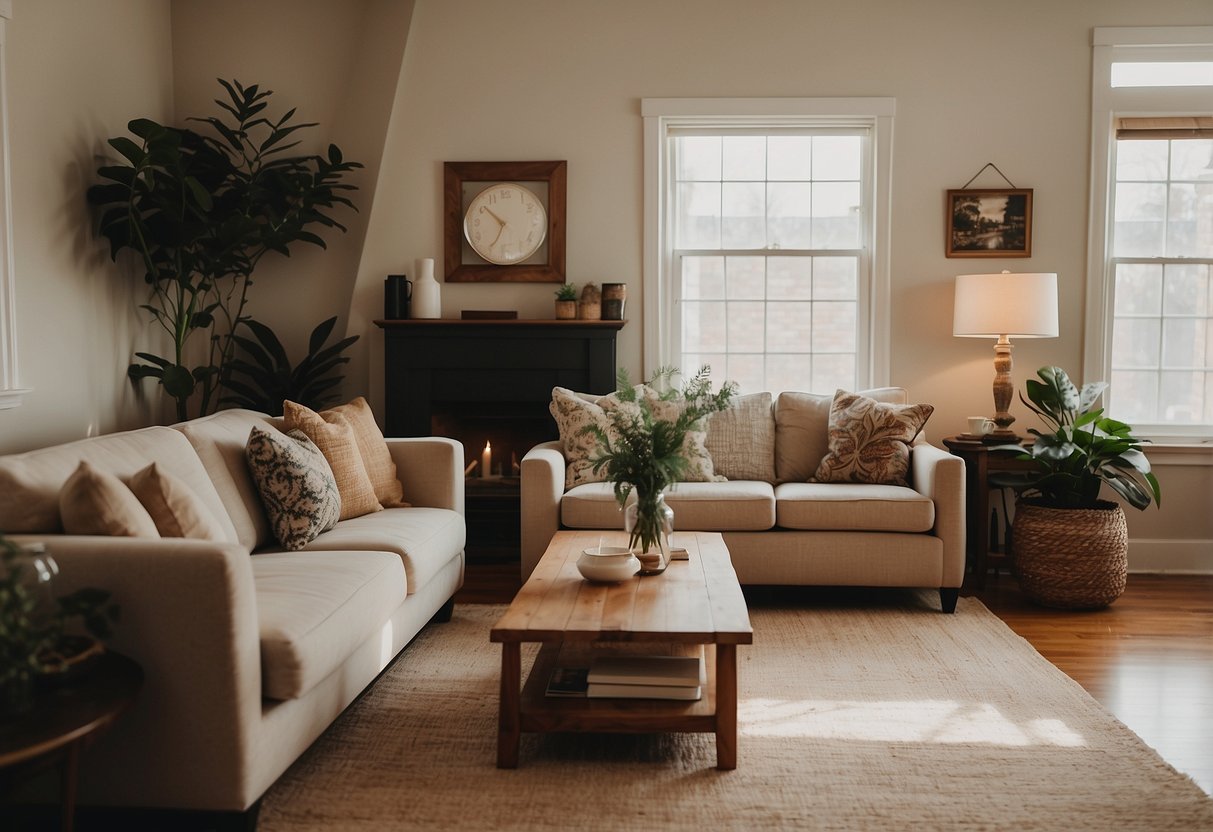 A cozy living room adorned with thrifted vintage frames, adding character and charm to the space. Budget-friendly home decor ideas come to life in this inviting setting