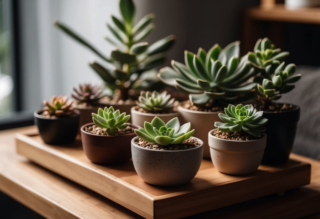 Several small potted succulent plants arranged on a wooden shelf in a cozy living room with soft lighting and minimalistic decor