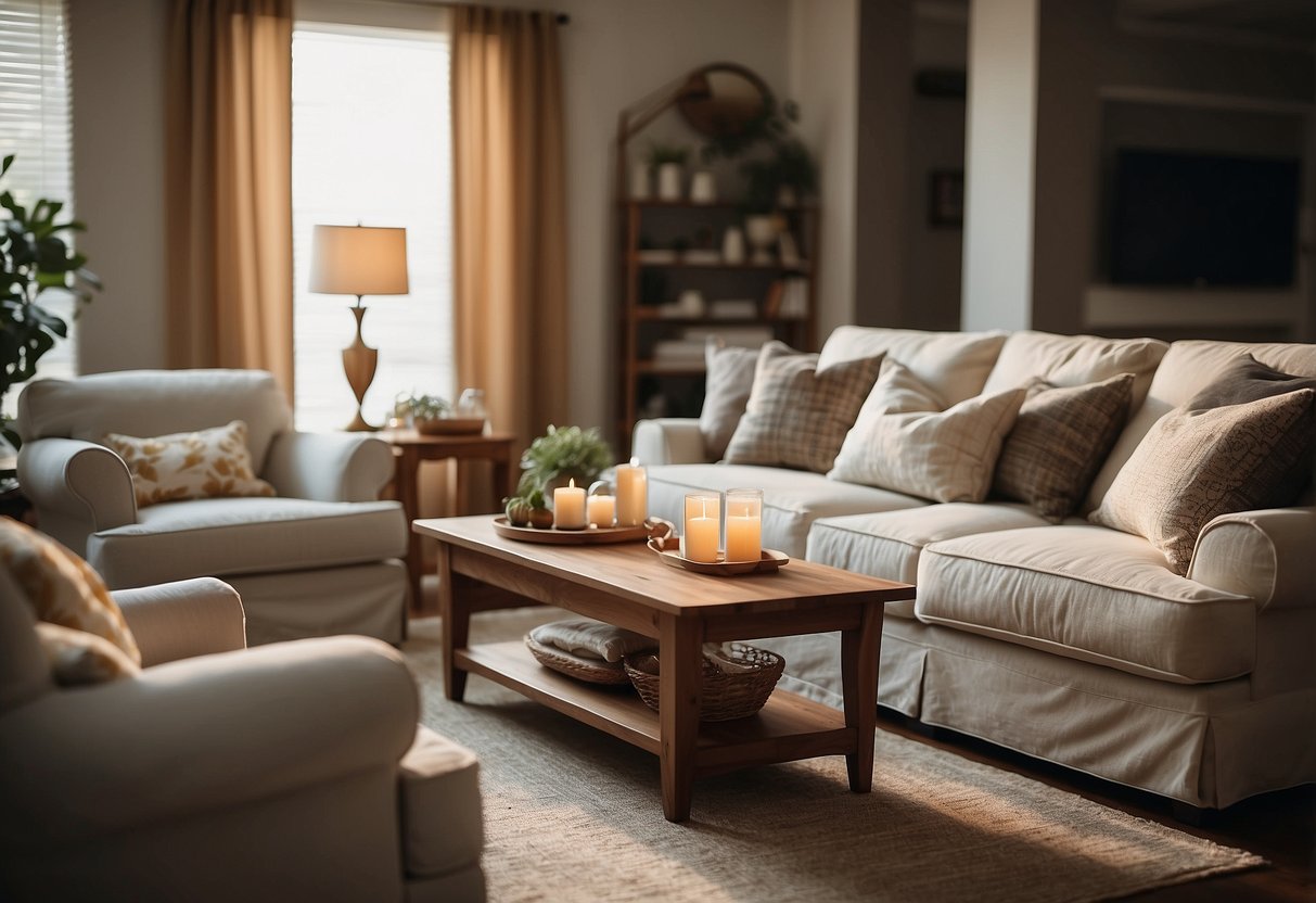 A cozy living room with budget-friendly slipcovers on the furniture, warm lighting, and decorative accents