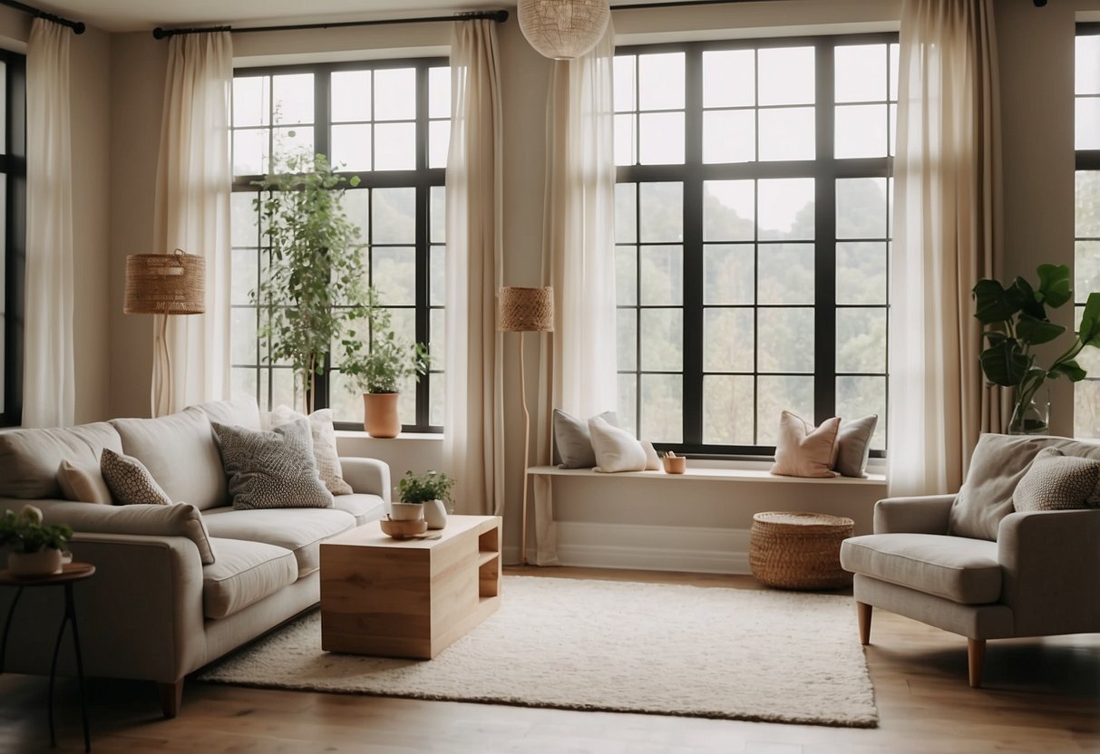 A cozy living room with large windows, sheer curtains, and strategically placed mirrors to reflect natural light. Minimalist furniture and light-colored decor create a bright and airy atmosphere