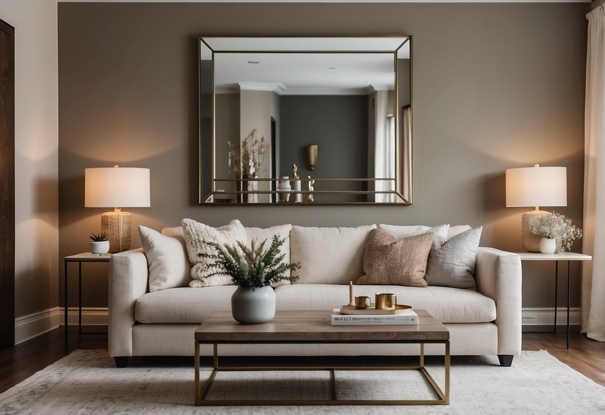 A cozy living room with a neutral color palette, a plush area rug, a large statement mirror, and a mix of throw pillows on the sofa