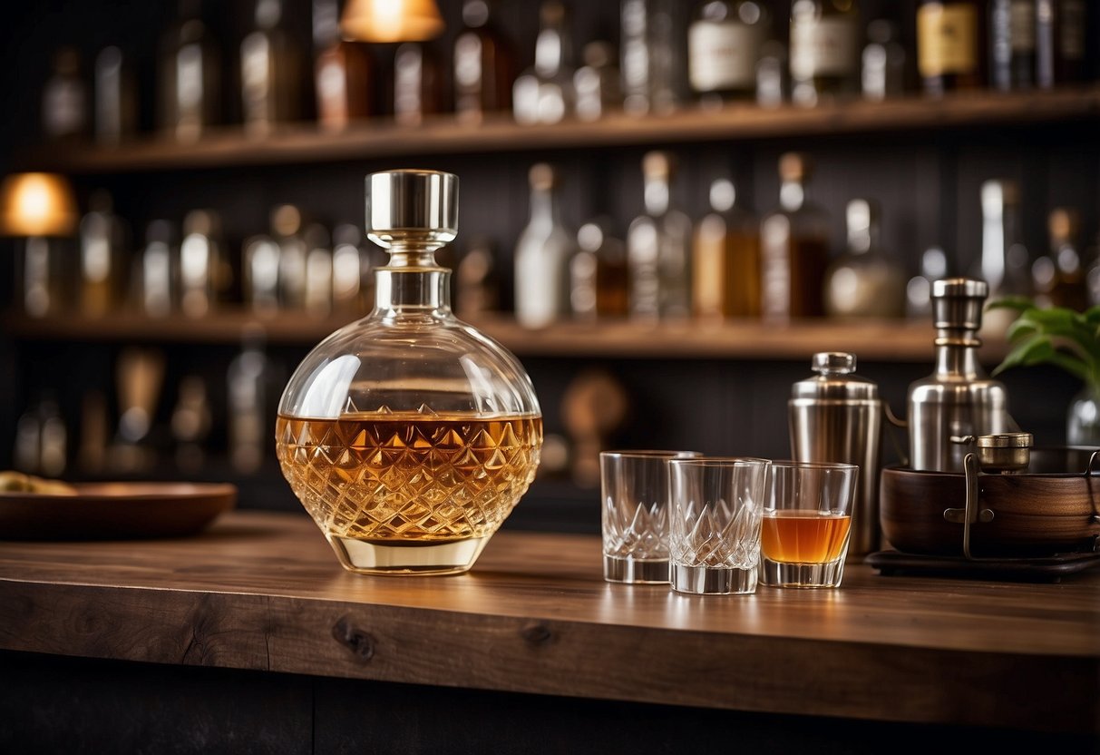 A cozy home bar with shelves displaying vintage glassware, a stylish cocktail shaker, and a collection of artisanal spirits. A rustic wooden bar top is adorned with a sleek decanter and a set of modern bar tools