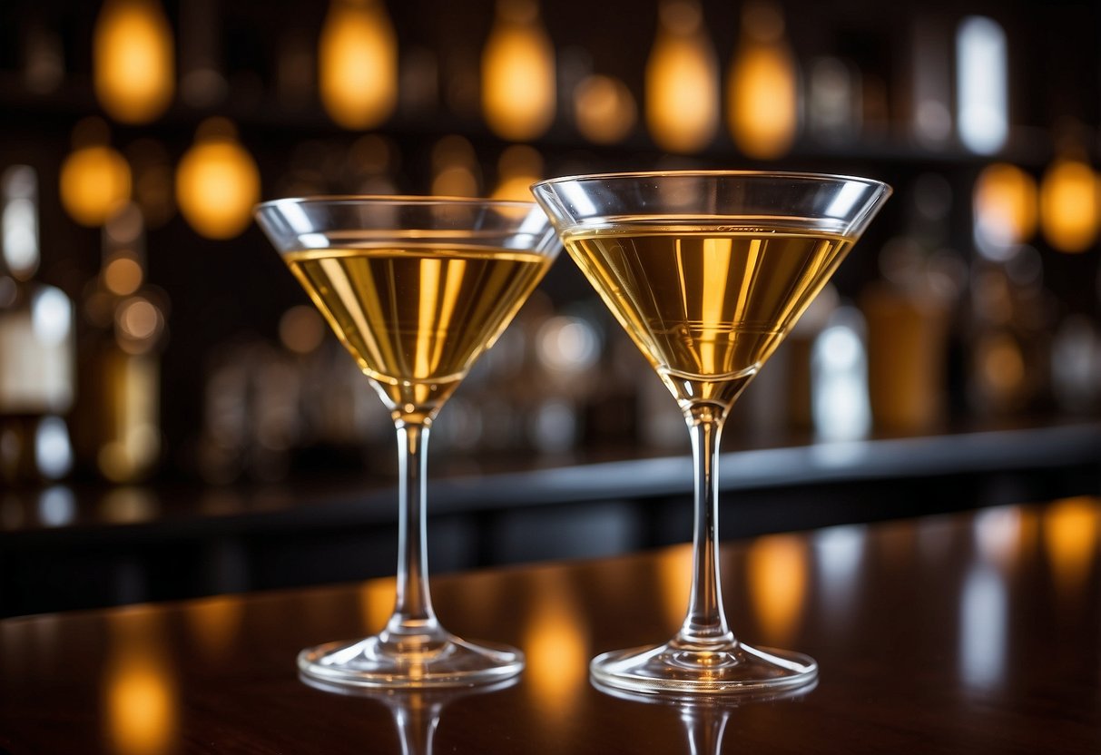 Two gold rim martini glasses on a sleek bar counter, surrounded by elegant bar decor and soft ambient lighting