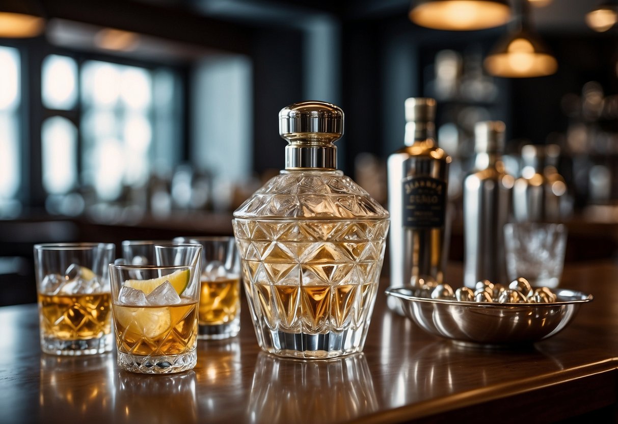 A marble cocktail shaker sits on a sleek bar counter, surrounded by crystal glasses and a bottle of premium liquor