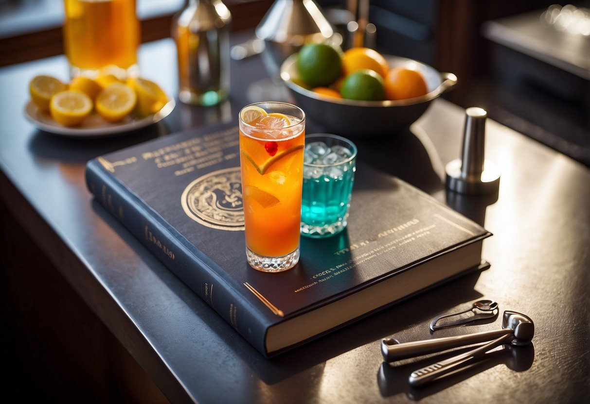 A colorful cocktail recipe book sits on a sleek bar counter, surrounded by various bar tools and decorative glassware. The book's cover features vibrant illustrations of classic cocktails