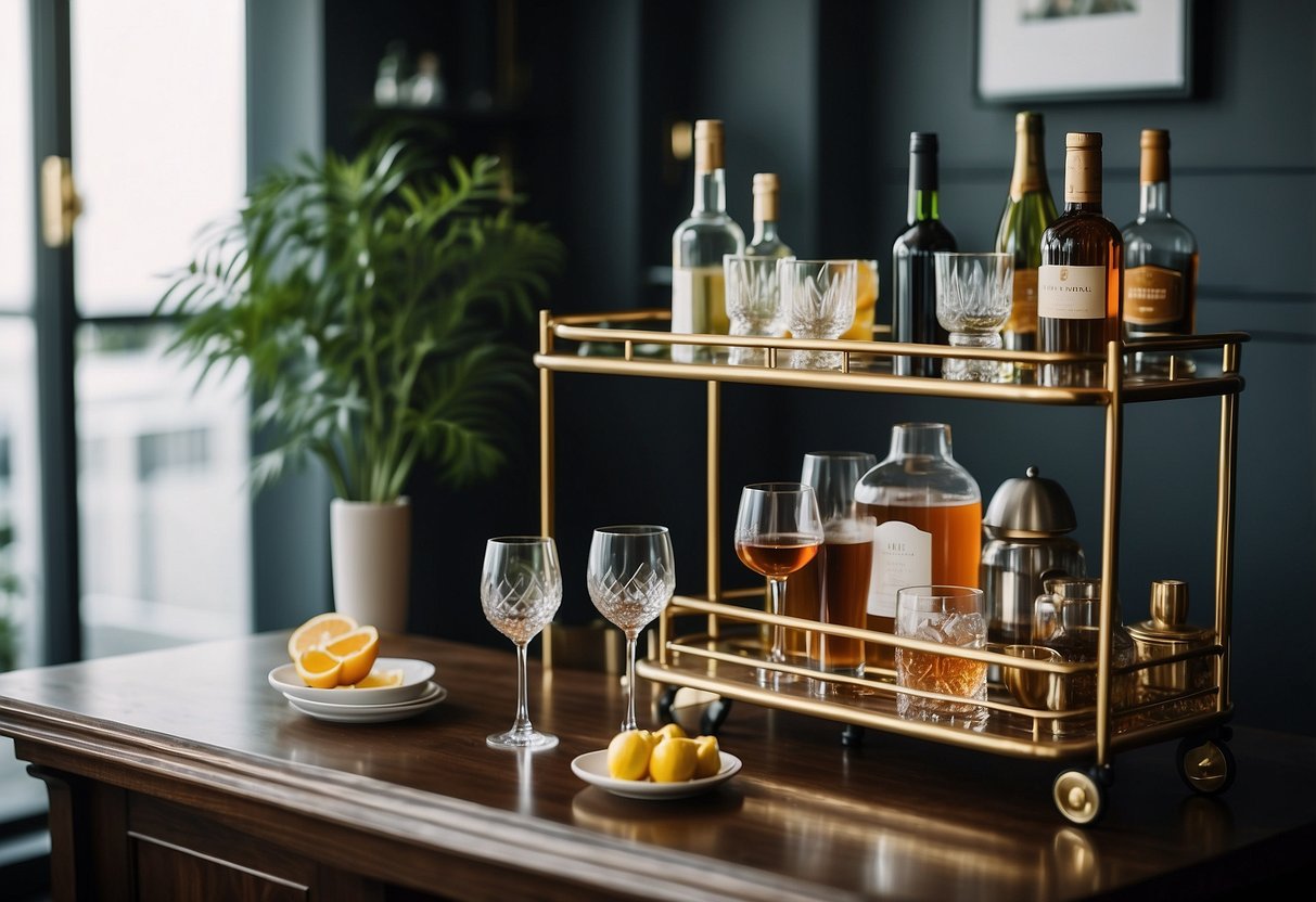 A cozy corner of a living room with a well-stocked bar cart, elegant glassware, and stylish bar accessories, creating the perfect home bar setup