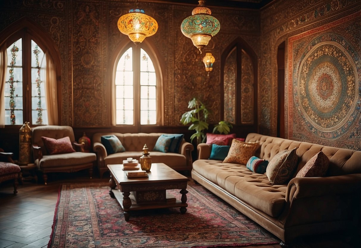 A cozy living room with vibrant Persian rugs, ornate brass lamps, and colorful mosaic tiles adorning the walls. Richly patterned cushions and intricately carved wooden furniture complete the traditional Persian home decor