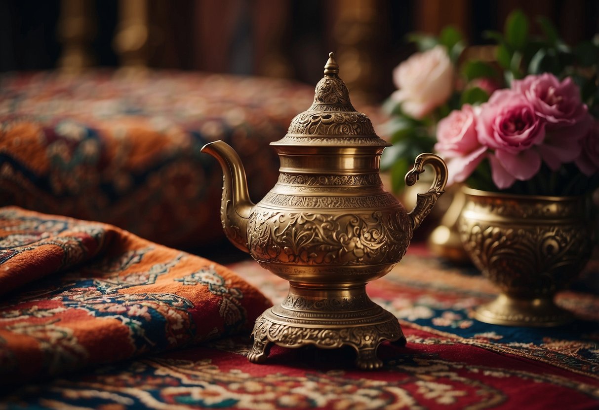 An ornate antique brass samovar sits atop a richly patterned Persian rug, surrounded by intricately carved wooden furniture and colorful textiles