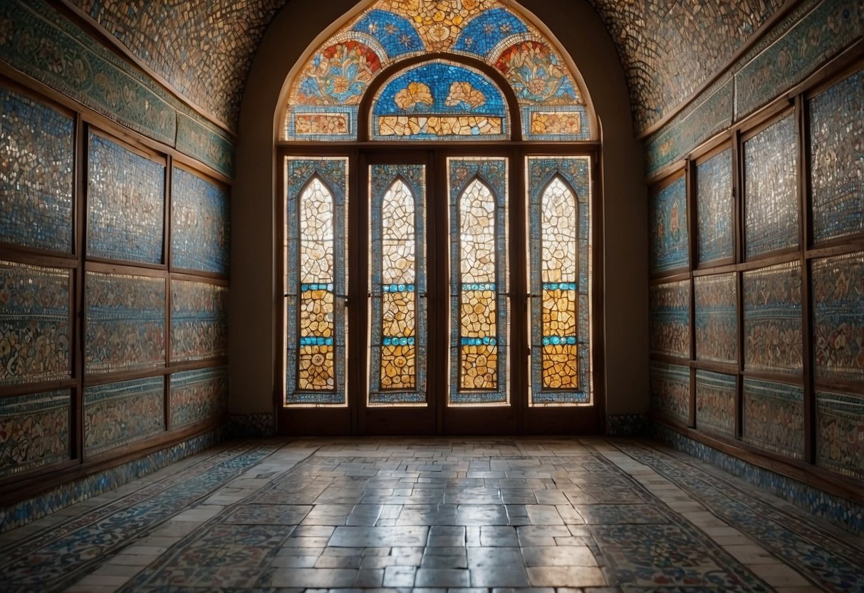 A colorful mosaic of intricate tile work adorns the walls and floors of a Persian home, creating a vibrant and ornate atmosphere