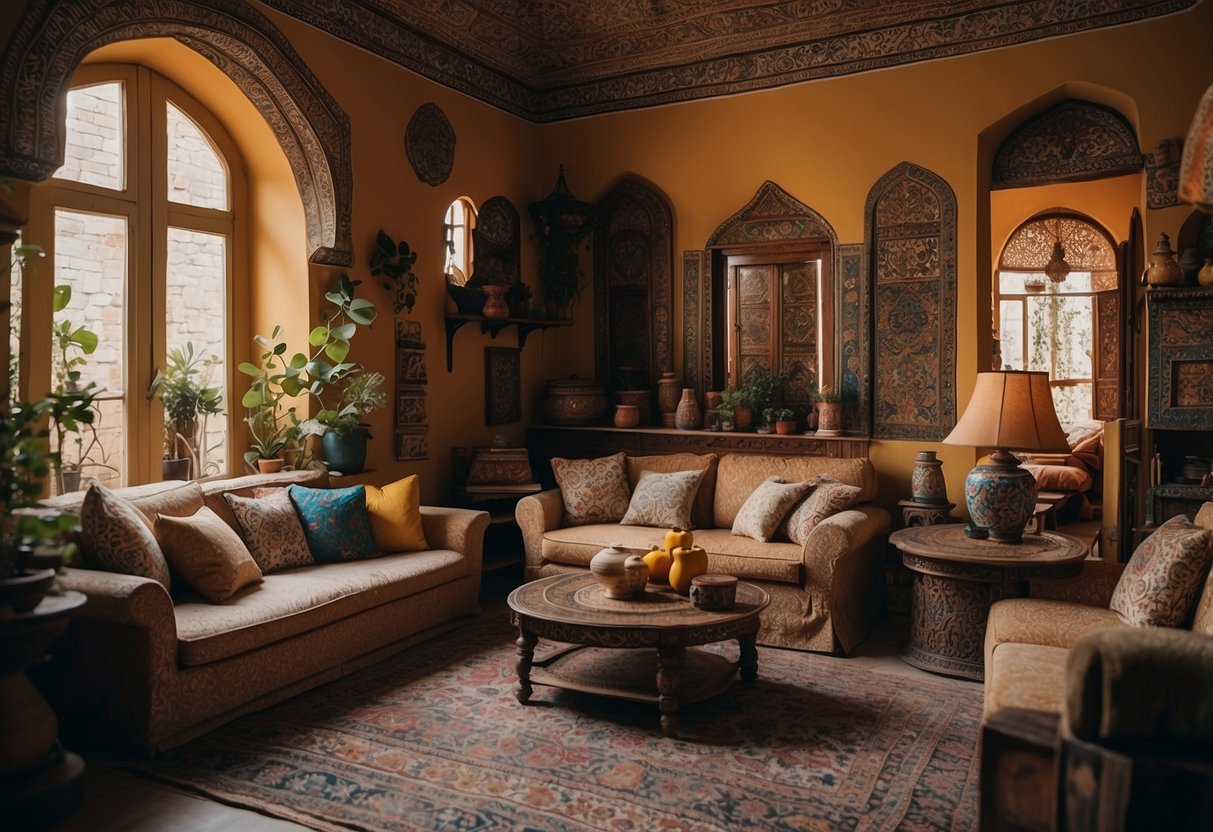 A cozy Persian home adorned with intricate miniature paintings, vibrant colors, and ornate patterns. Rich textiles and delicate pottery complete the warm and inviting decor