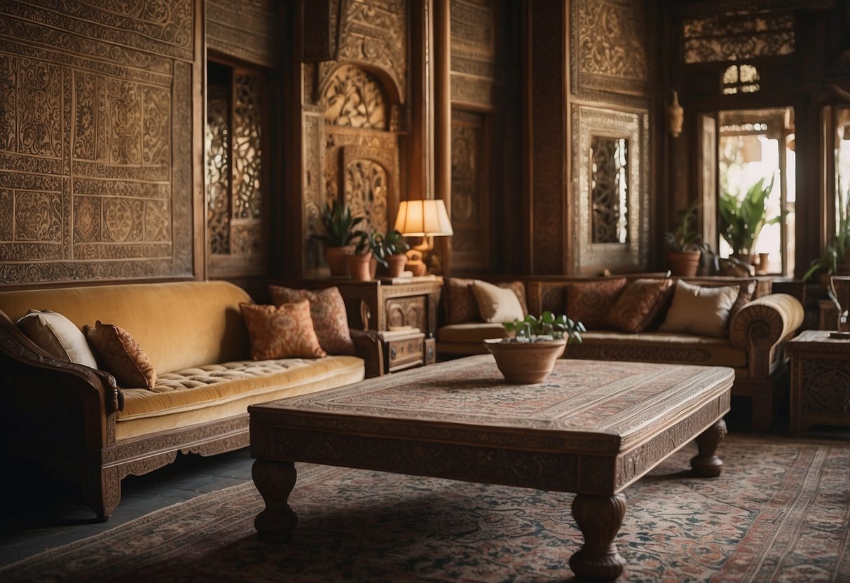 Carved wooden furniture, intricate patterns, Persian rugs, and ornate decor fill the room in a traditional Persian home