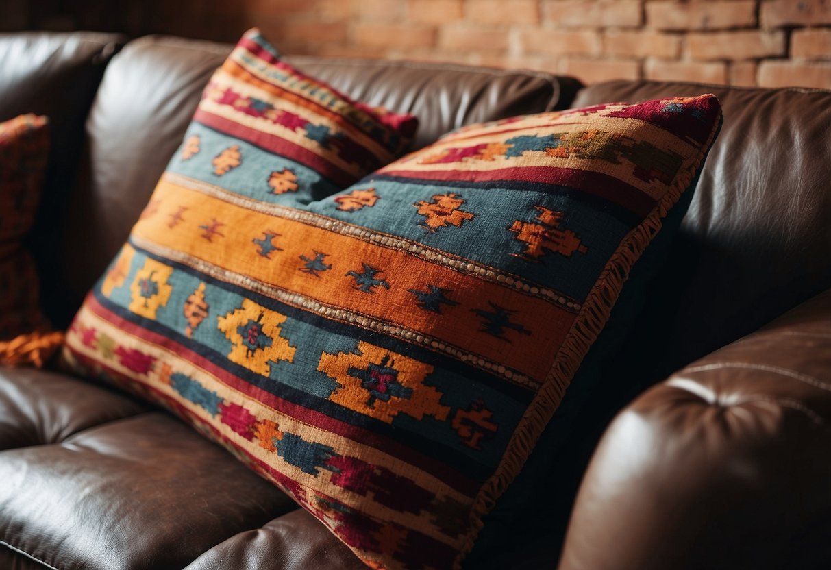 Vibrant Kilim cushions arranged on a cozy sofa, adding a pop of color to a traditional Persian-inspired home decor