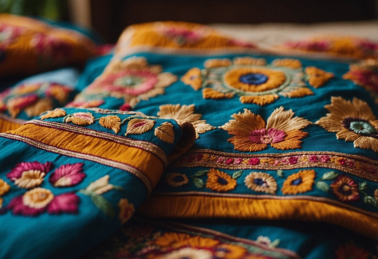 A colorful array of hand-embroidered Persian textiles adorns a traditional home, adding warmth and intricate beauty to the decor