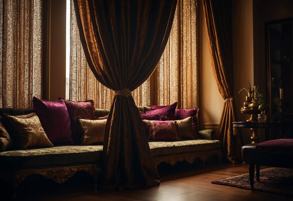 The luxurious silk curtains billowed gently in the breeze, their rich, deep colors adding an opulent touch to the Persian-inspired home decor