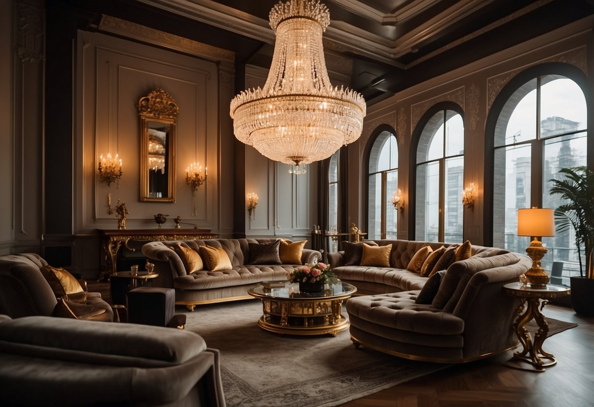 A grand chandelier hangs from a high ceiling, casting a warm glow over a luxurious velvet sofa and ornate coffee table in a spacious, opulent living room