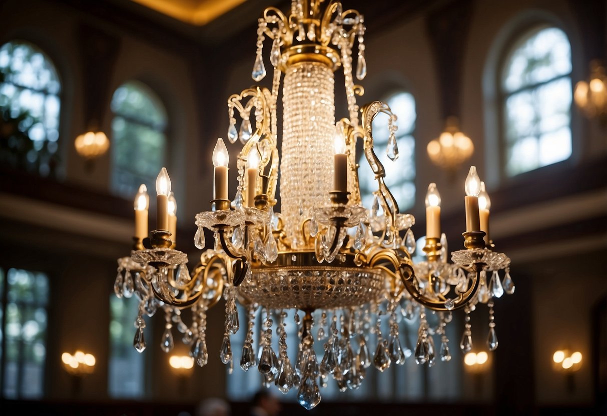 A sparkling crystal chandelier hangs from the high ceiling, casting intricate patterns of light and shadow across the opulent room