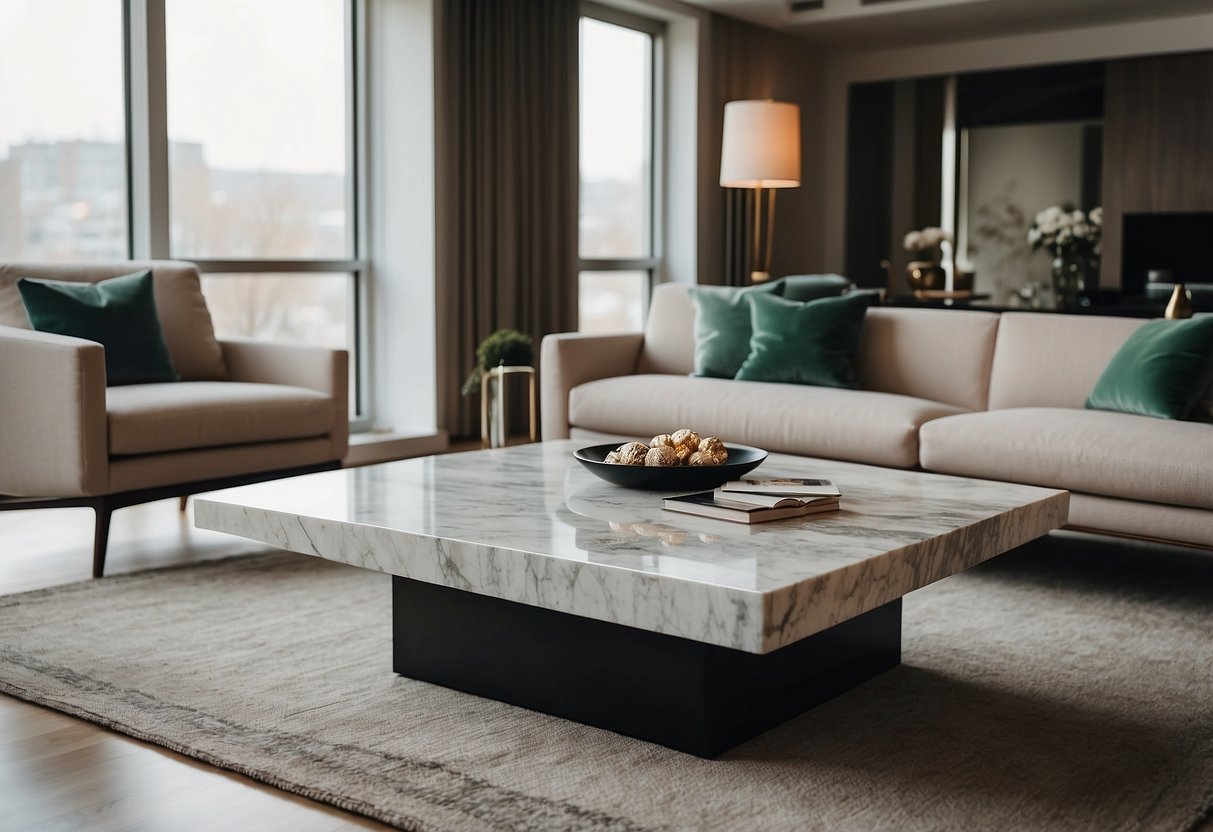 A sleek marble coffee table by Eero Saarinen sits in a modern living room, surrounded by chic decor and elegant furnishings