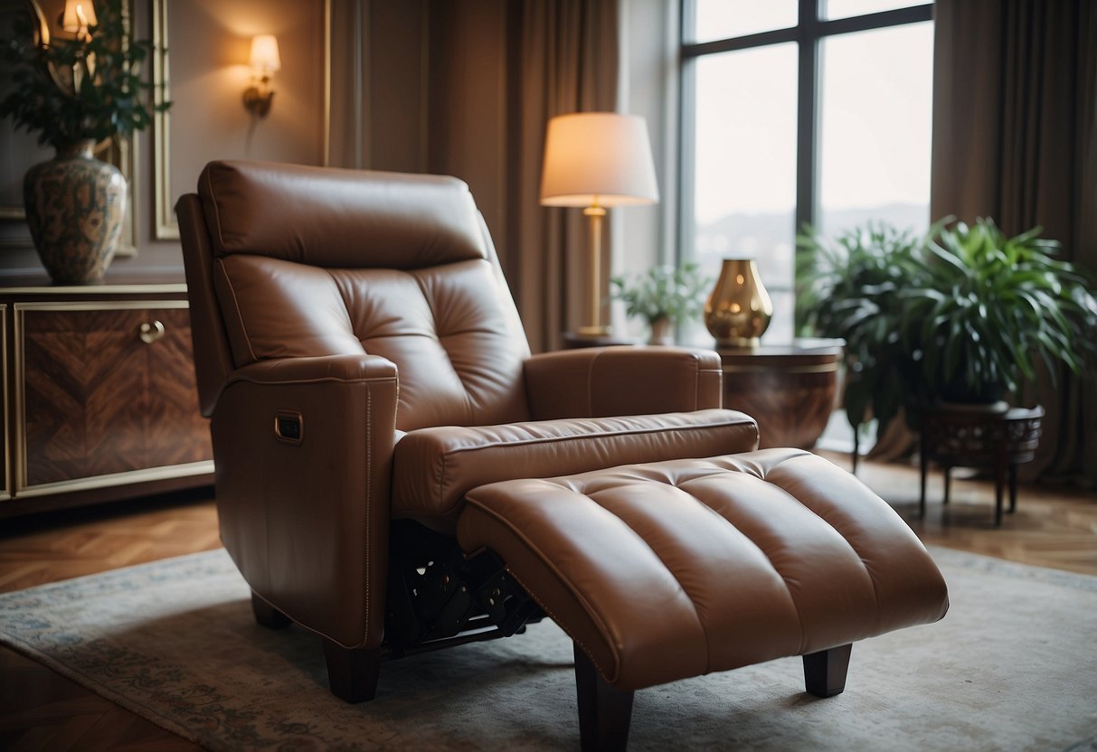 A luxurious Italian leather recliner sits in an opulent living room, surrounded by high-end home decor, exuding elegance and sophistication