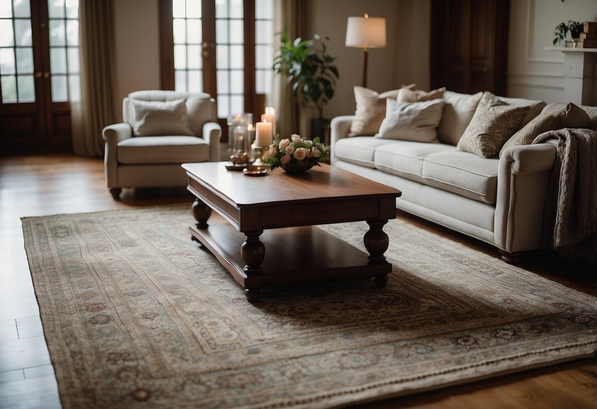 A luxurious handwoven silk rug adorns the elegant living room, adding a touch of opulence to the sophisticated home decor