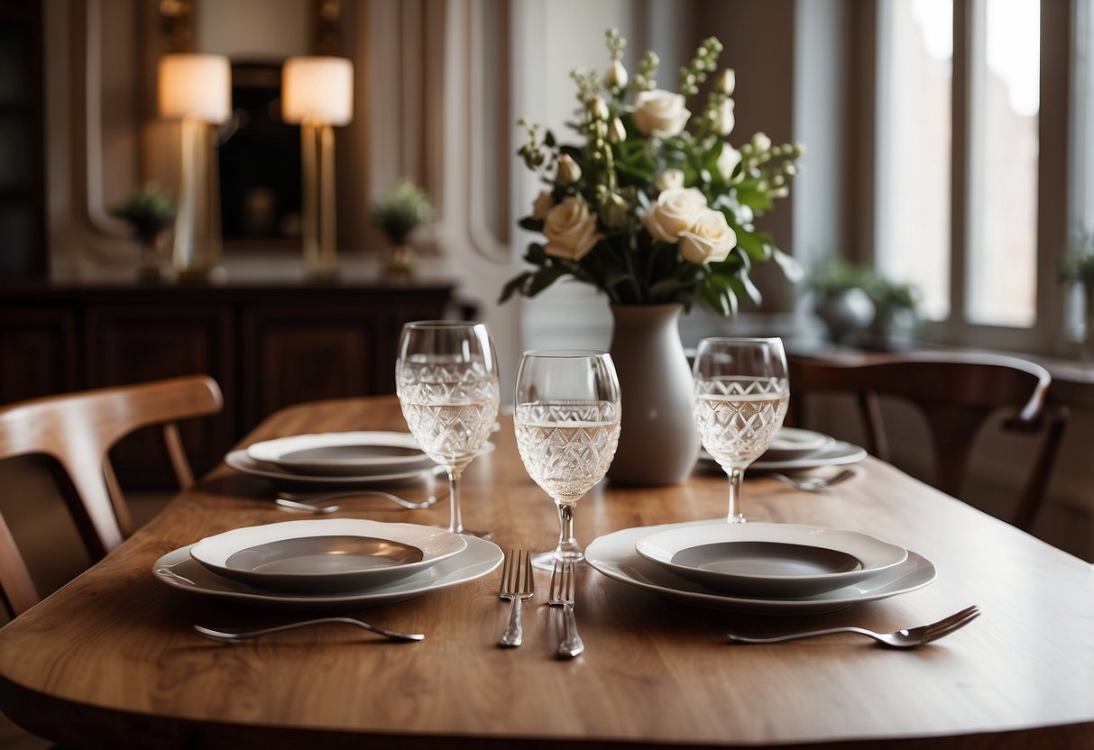 A bespoke wooden dining table sits in a luxurious setting, surrounded by elegant decor and bathed in natural light