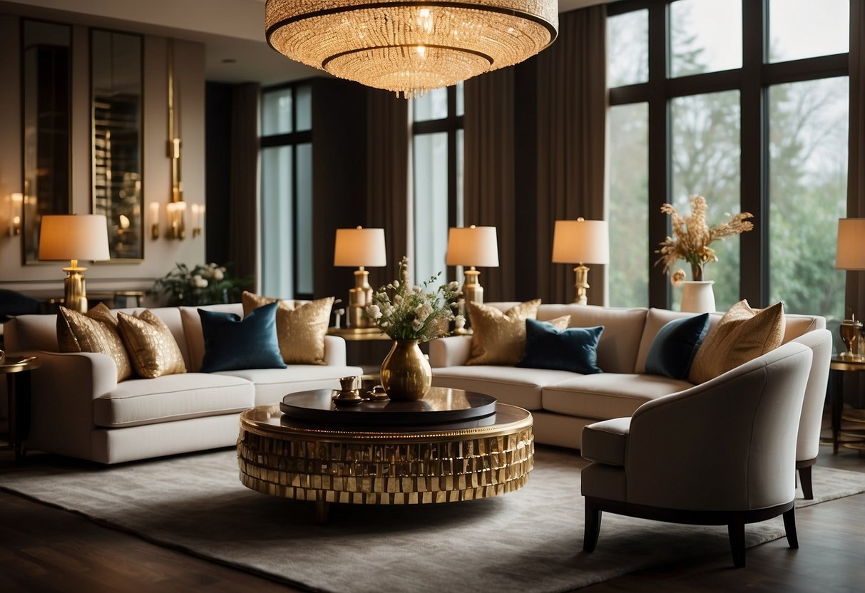 A lavish living room with opulent lampshades casting warm light on elegant furniture and decor. Rich textures and luxurious materials create a sophisticated and upscale atmosphere