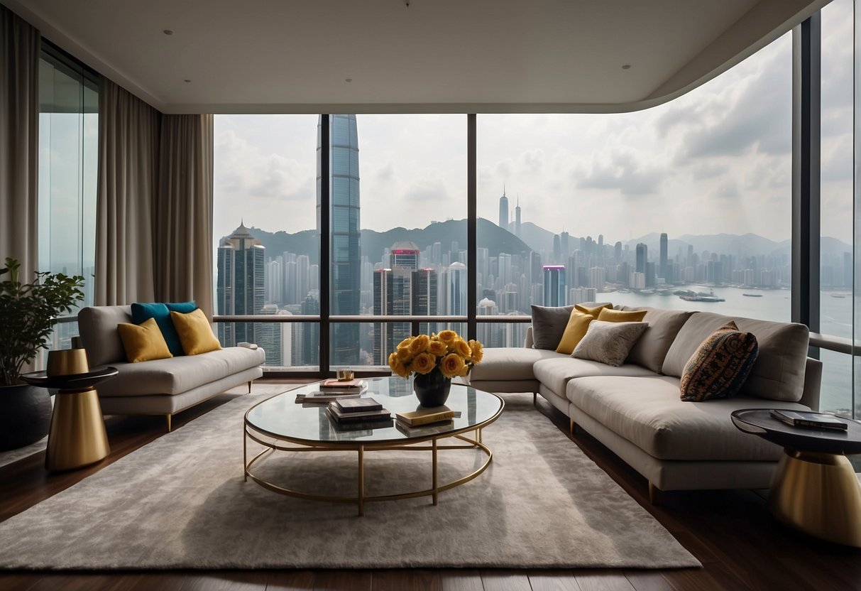 A modern living room with sleek furniture, colorful accent pieces, and a stunning view of the Hong Kong skyline through floor-to-ceiling windows