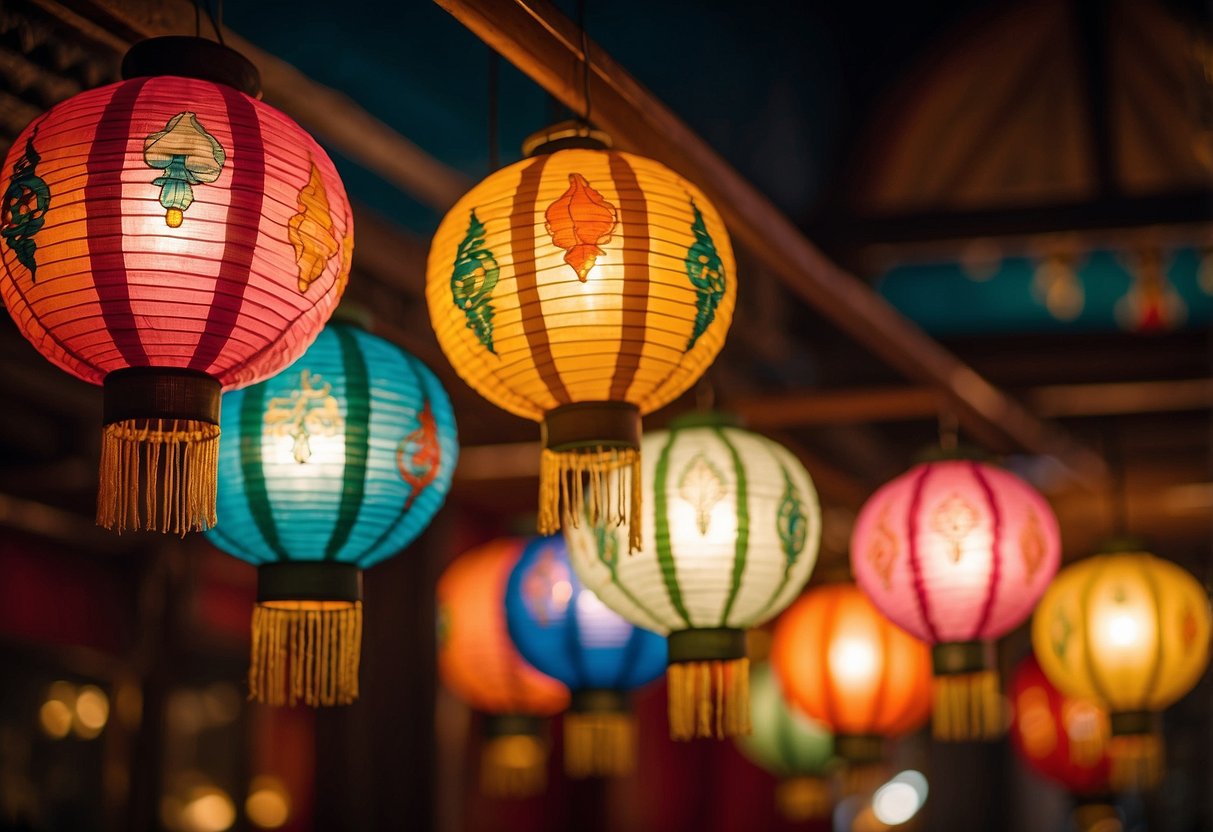 Colorful silk lanterns hang from the ceiling, casting a warm glow over the room. The intricate designs and vibrant colors add an exotic touch to the decor