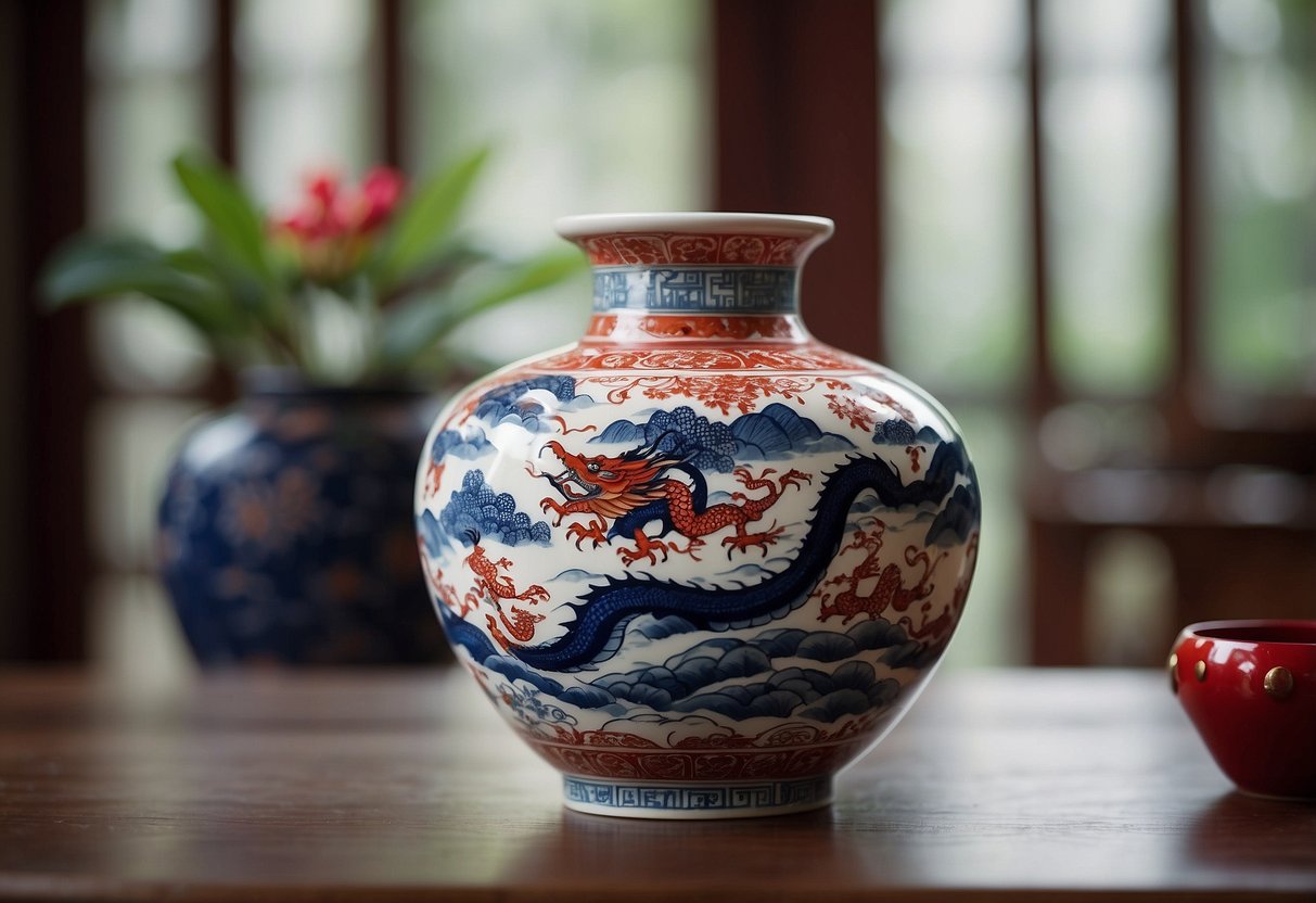 A Porcelain Dragon Vase sits on a wooden table in a Hong Kong home, surrounded by traditional Chinese decor and vibrant red accents