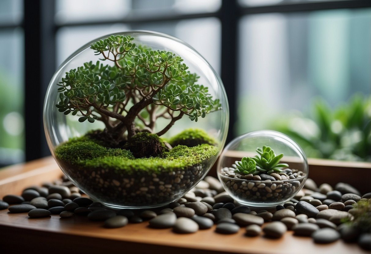 A lush jade plant sits inside a glass terrarium, surrounded by small pebbles and moss, adding a touch of green to a modern Hong Kong home decor