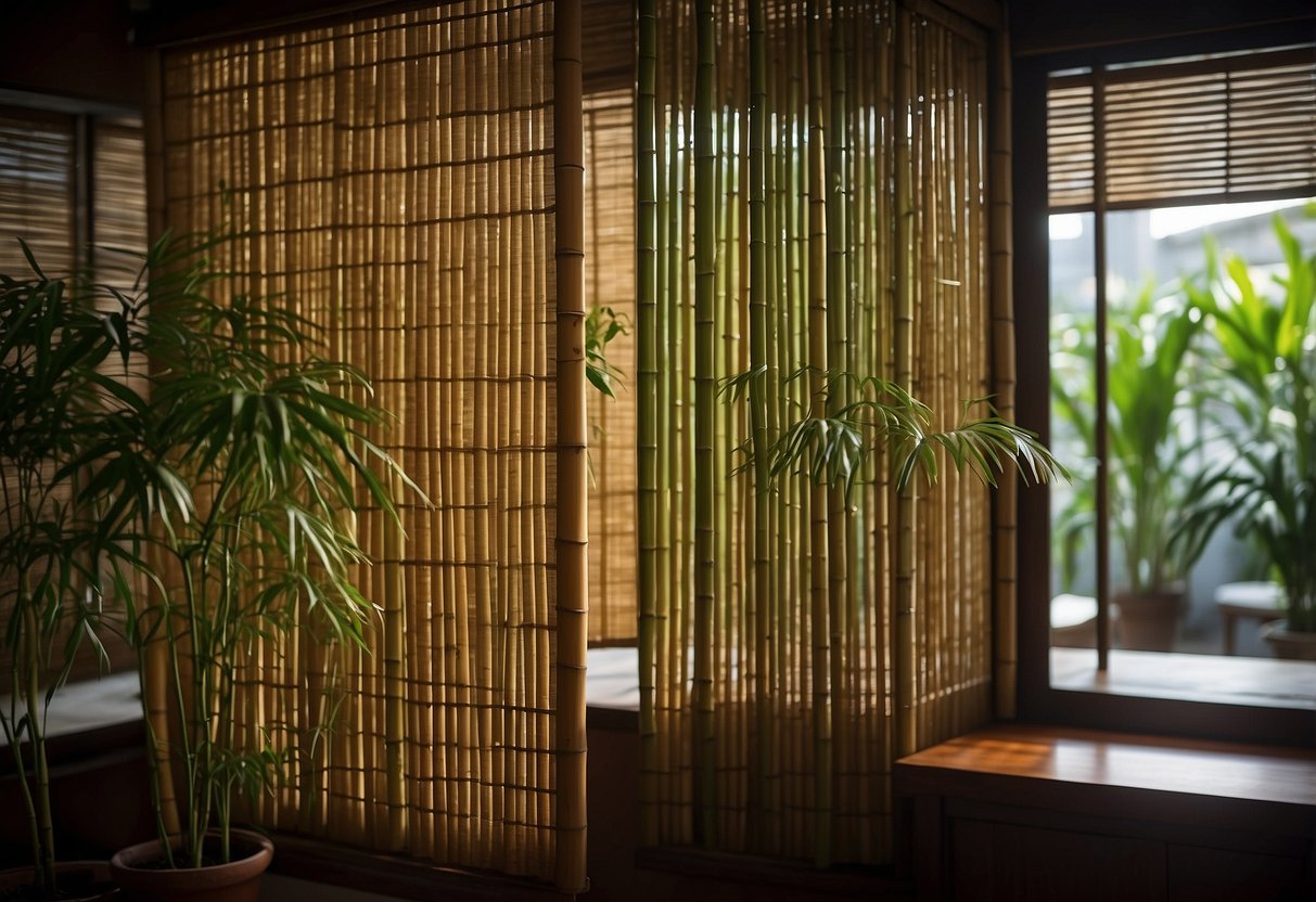 Bamboo blinds hang in a Hong Kong home, casting intricate patterns of light and shadow across the room