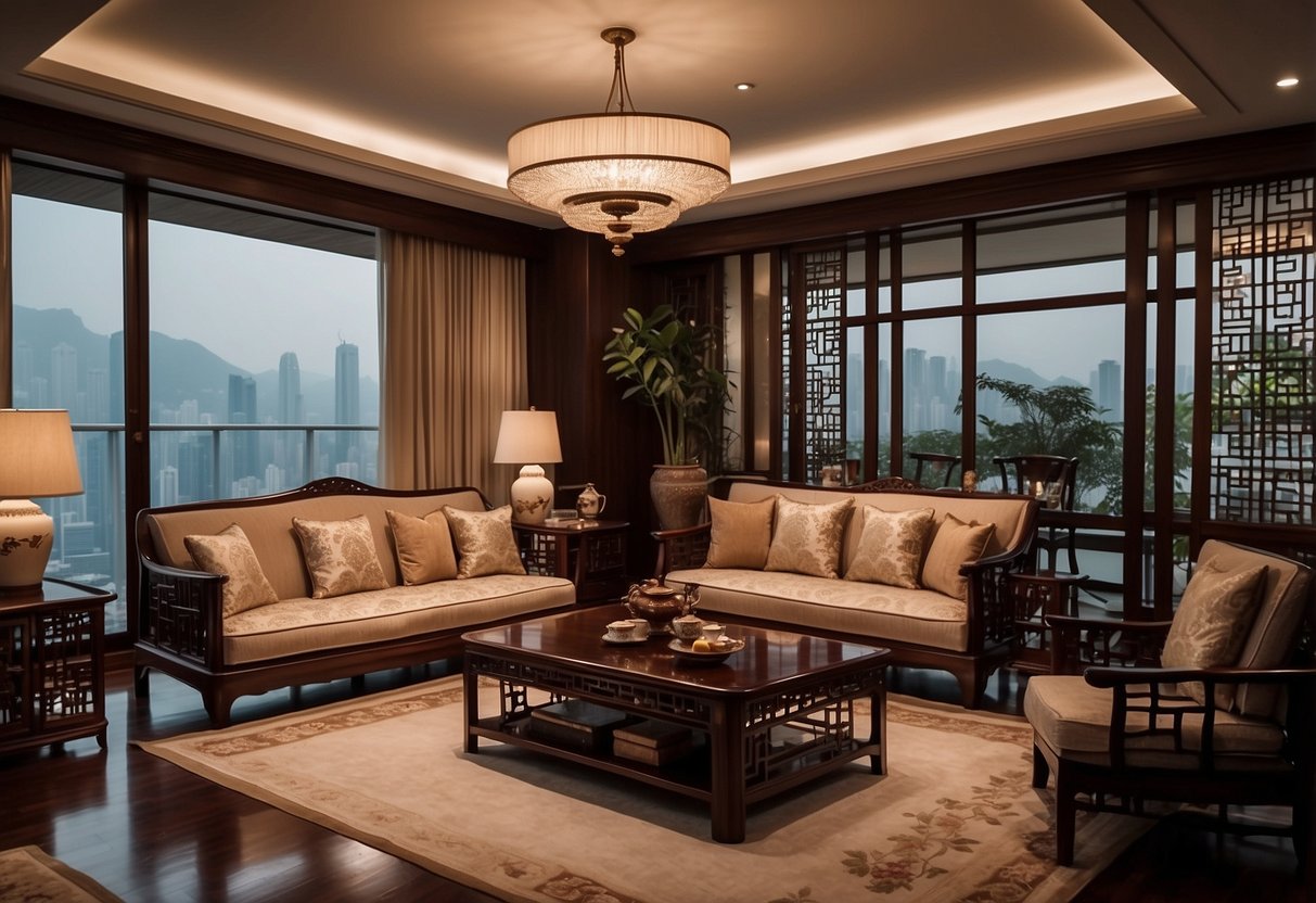 A cozy living room with vintage rosewood furniture, including a coffee table, armchair, and sideboard. Soft lighting and traditional Chinese decor complete the elegant Hong Kong home setting