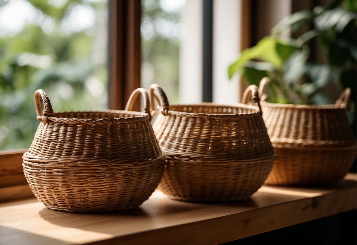 Several woven rattan baskets arranged on a wooden shelf, with natural light streaming in through a nearby window