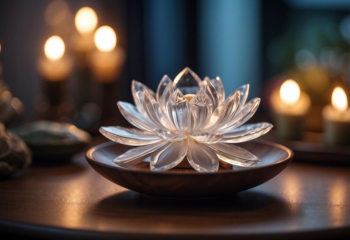 A crystal lotus sits atop a wooden table, surrounded by incense and candles in a serene Hong Kong home