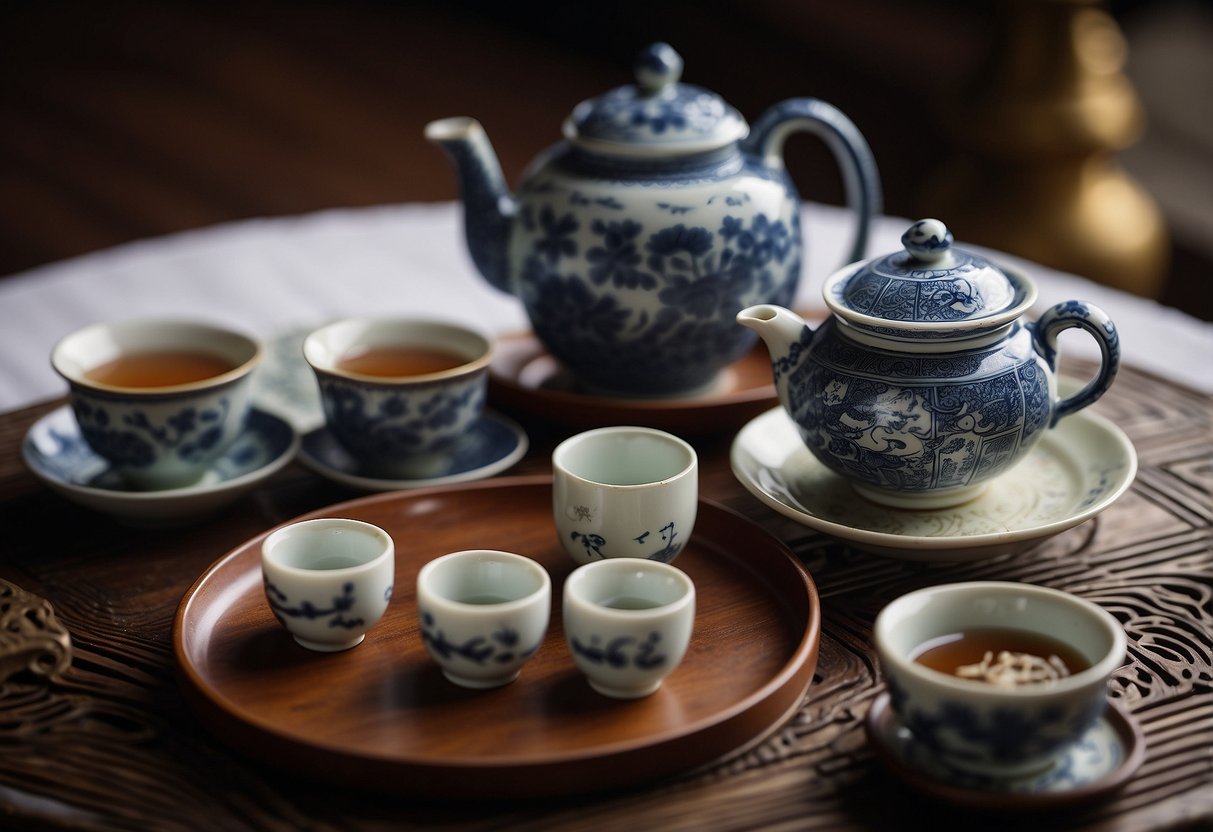 A traditional Ming Dynasty inspired tea set arranged on a wooden table with delicate teacups, a teapot, and a small incense burner, surrounded by intricate Chinese calligraphy scrolls and a silk tablecloth