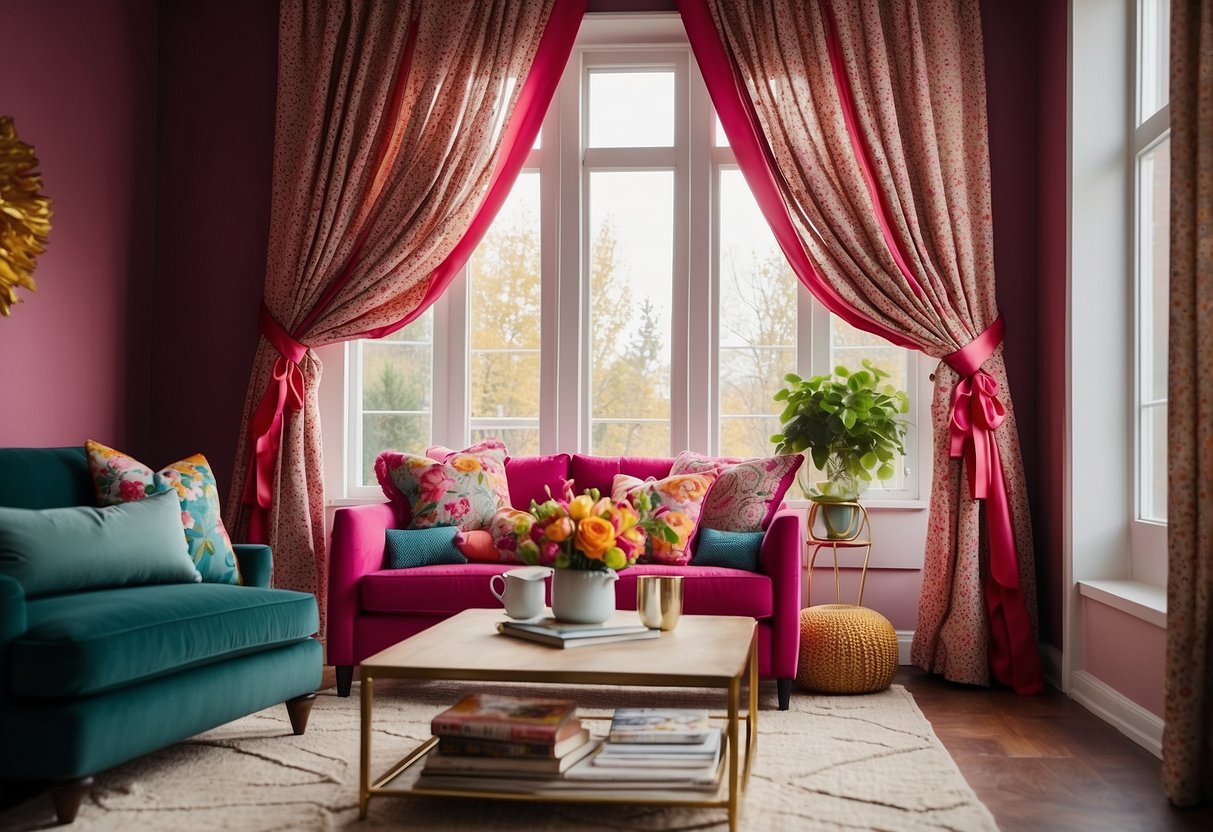 A room with ribbons adorning the curtains, pillows, and table decor. Bright colors and patterns add a festive touch to the cozy space