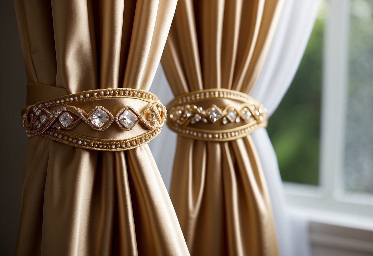 A pair of ribbon curtain tiebacks elegantly draped and tied back, adding a touch of charm and sophistication to the room