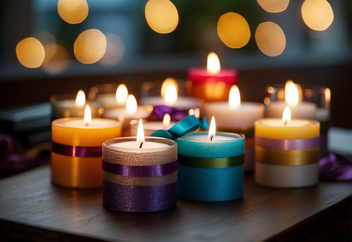 A set of candle holders wrapped in colorful ribbons, arranged on a table with soft lighting and decorative accents