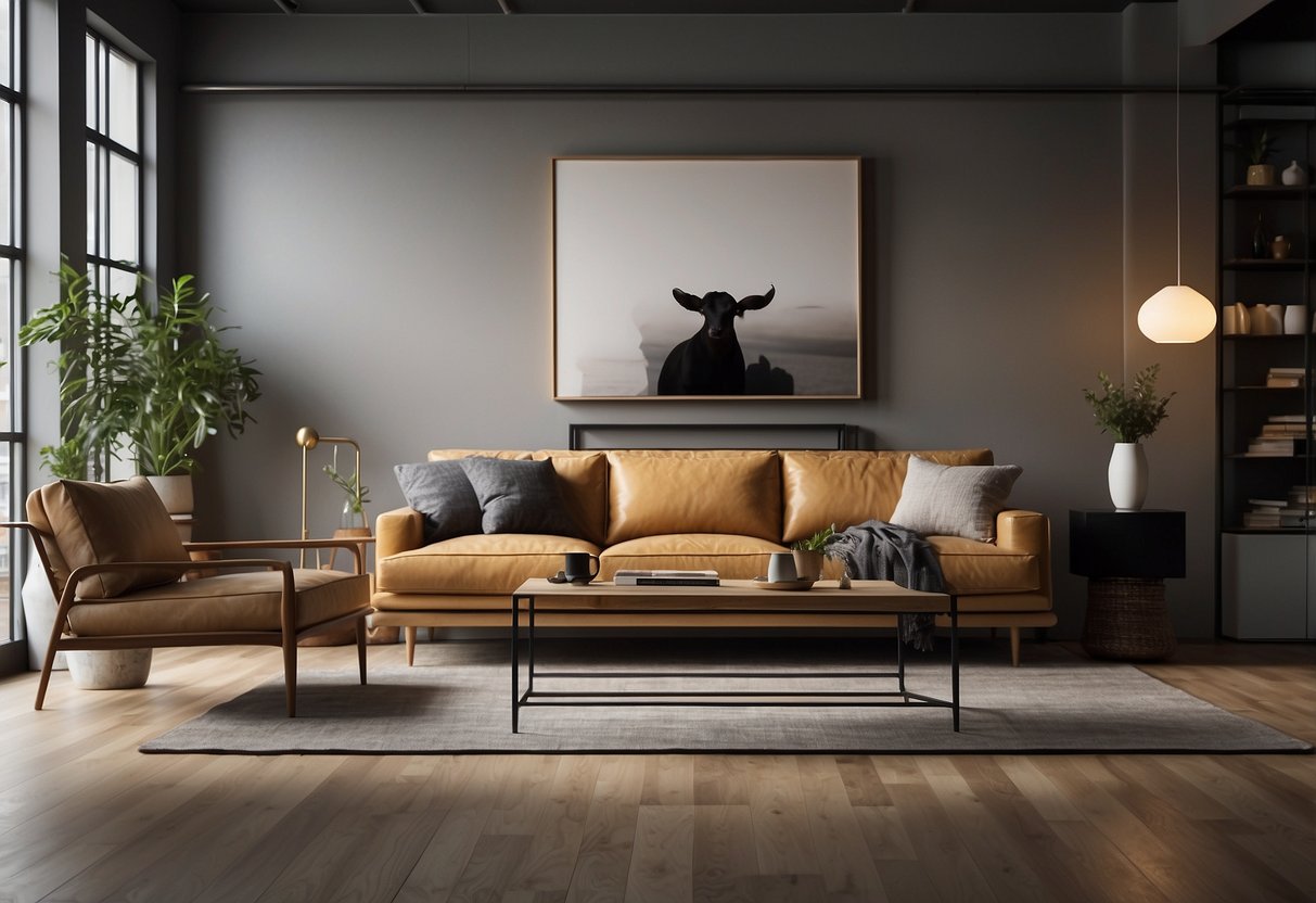 A living room with a large, empty wall space above a sofa. The room is filled with modern furniture and decor, creating a clean and stylish atmosphere