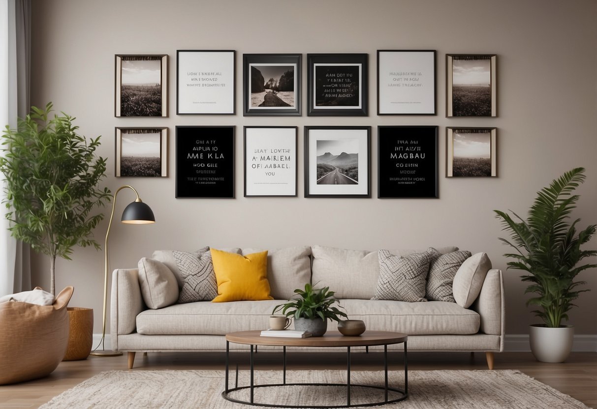 A cozy living room with a gallery wall of Maya Angelou quote prints, framed and arranged in a symmetrical layout, creating a focal point for the space