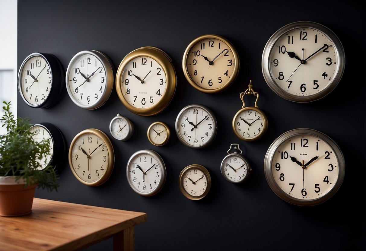 A collection of oversized clocks adorn the wall, each with unique designs and sizes, creating a striking and modern home decor idea