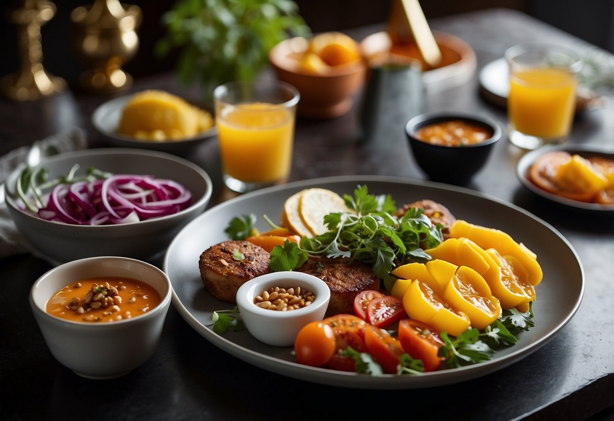 A table set with an assortment of colorful and delicious dishes, with vibrant garnishes and stylish plating, ready to be photographed for an Instagram food caption