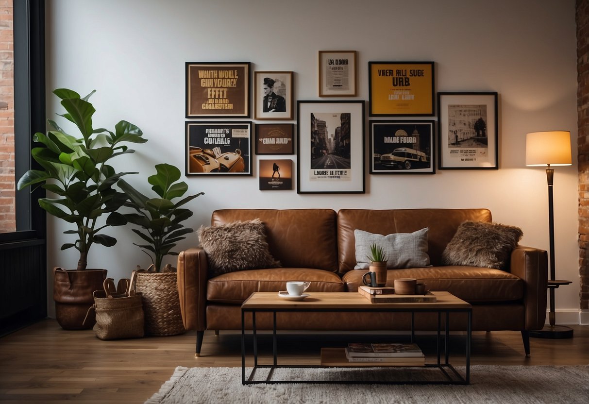 A cozy living room with a leather sofa, industrial coffee table, and framed vintage posters. A record player and shelves filled with books and collectibles complete the masculine decor