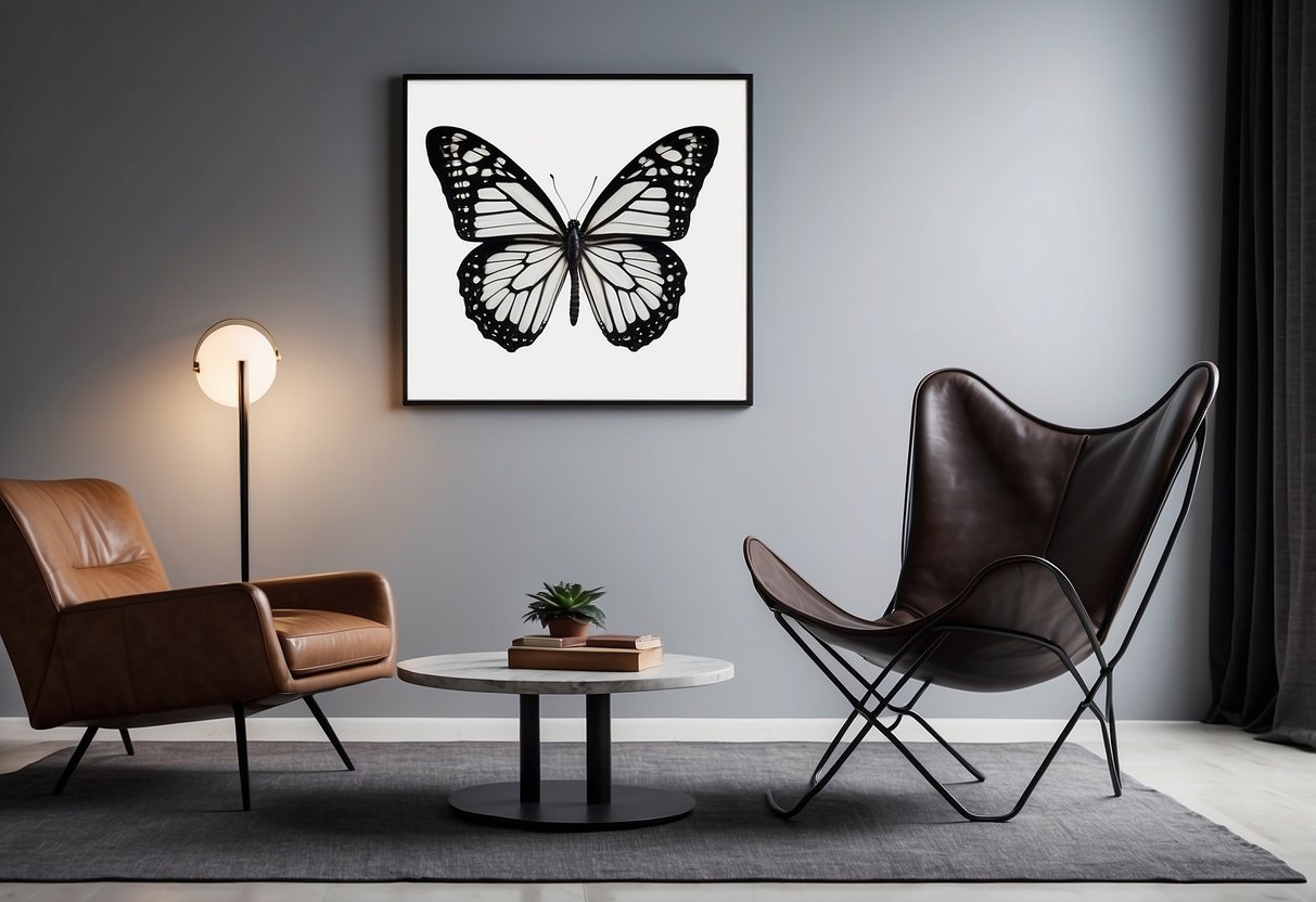 A leather butterfly chair sits in a minimalist living room, paired with a sleek coffee table and modern artwork on the wall