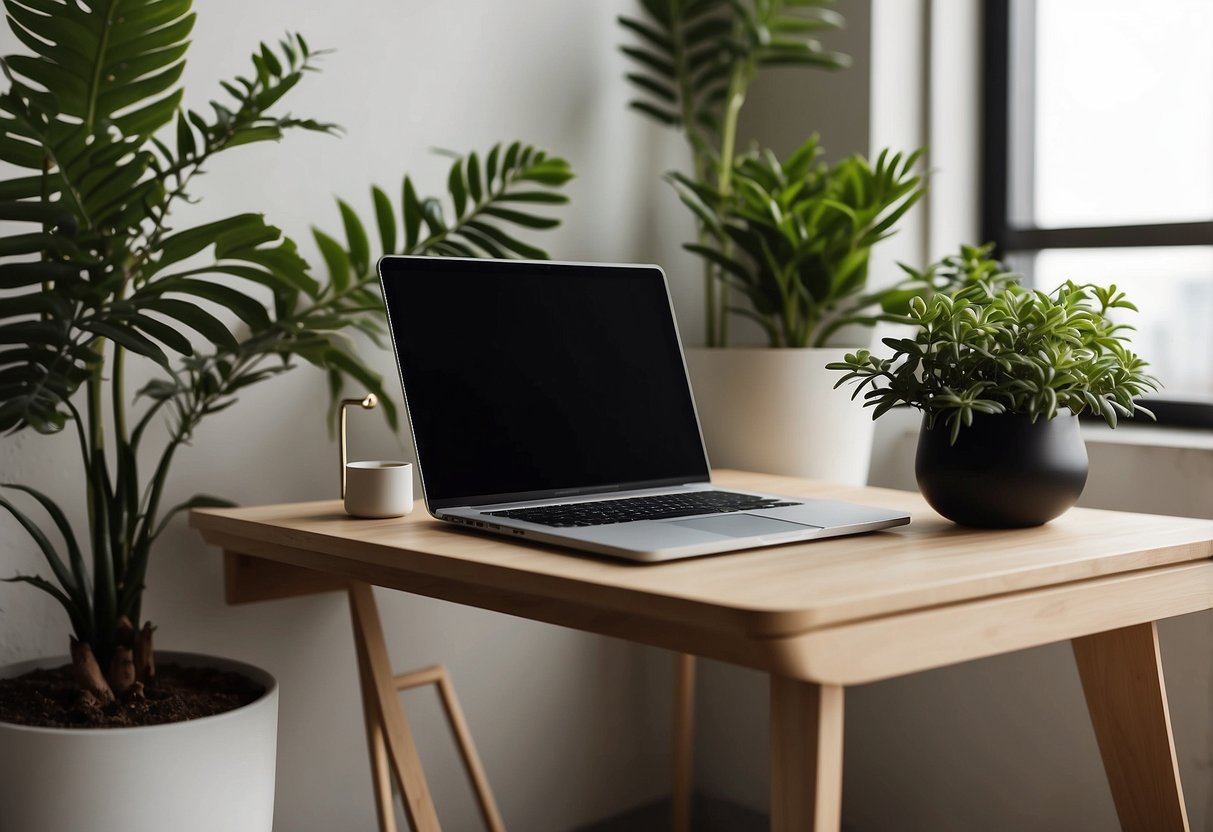 A sleek, wall-mounted desk with a laptop, pen holder, and a potted plant. Minimalist decor with clean lines and neutral colors